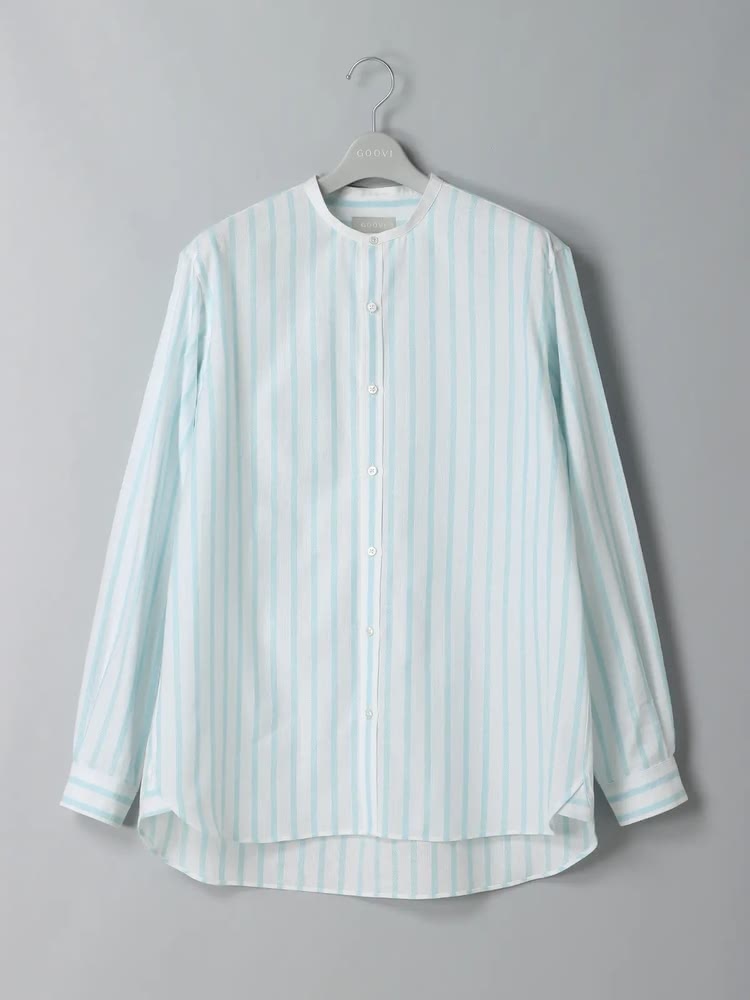 GOOVI/バンドカラーシャツ/長袖/ウォッシャブル/和紙×コットンロイヤルオックス/ストライプ