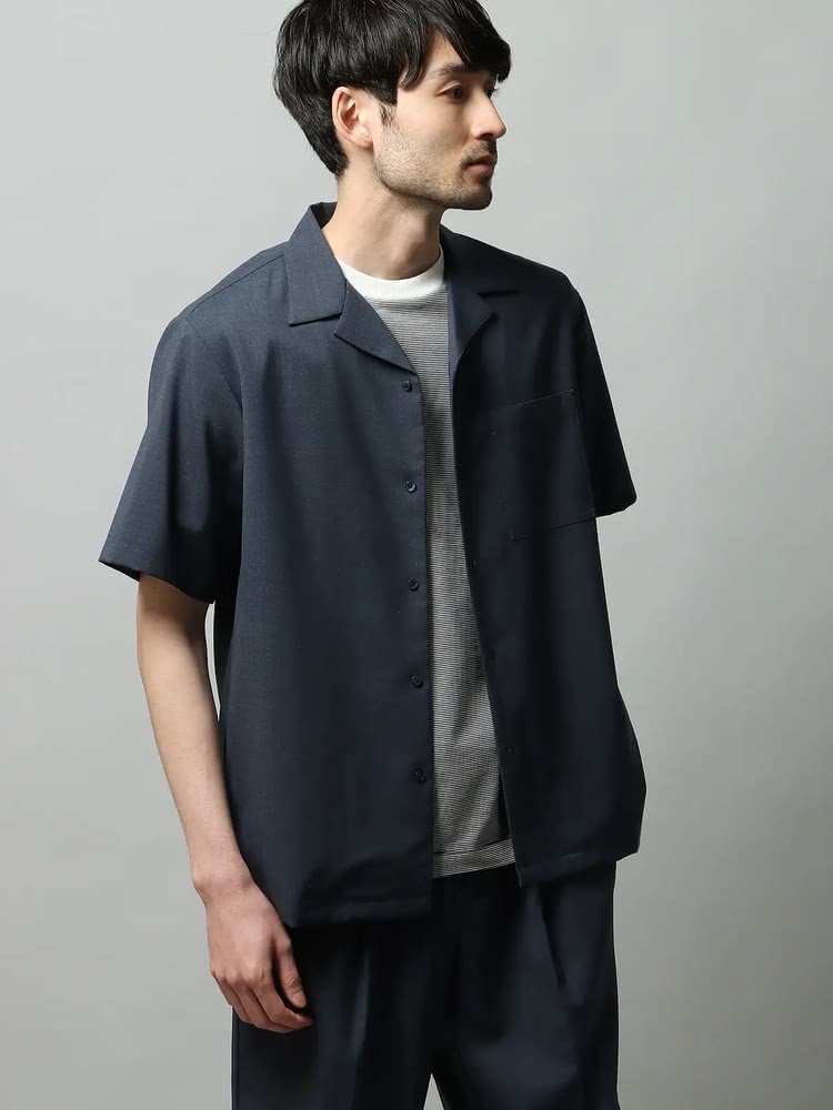EB限定/オープンカラーシャツ/半袖/ストレッチ/ウールポリエステル/トロピカル/無地