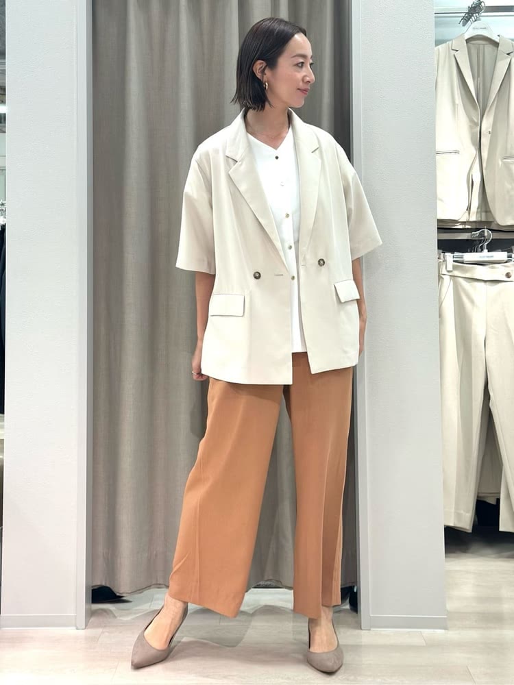 白 5分袖ジャケット ブリック リネンライクワイドパンツ