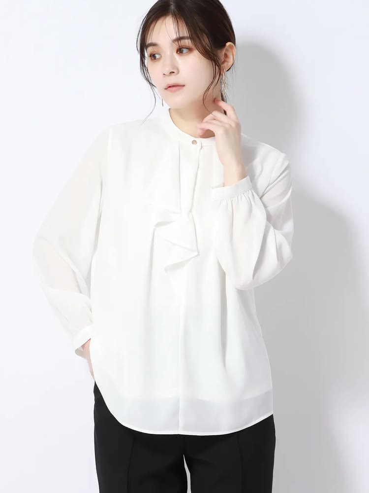 バンドカラーラッフルブラウス/9分袖/ウォッシャブル/シフォンジョーゼット/無地